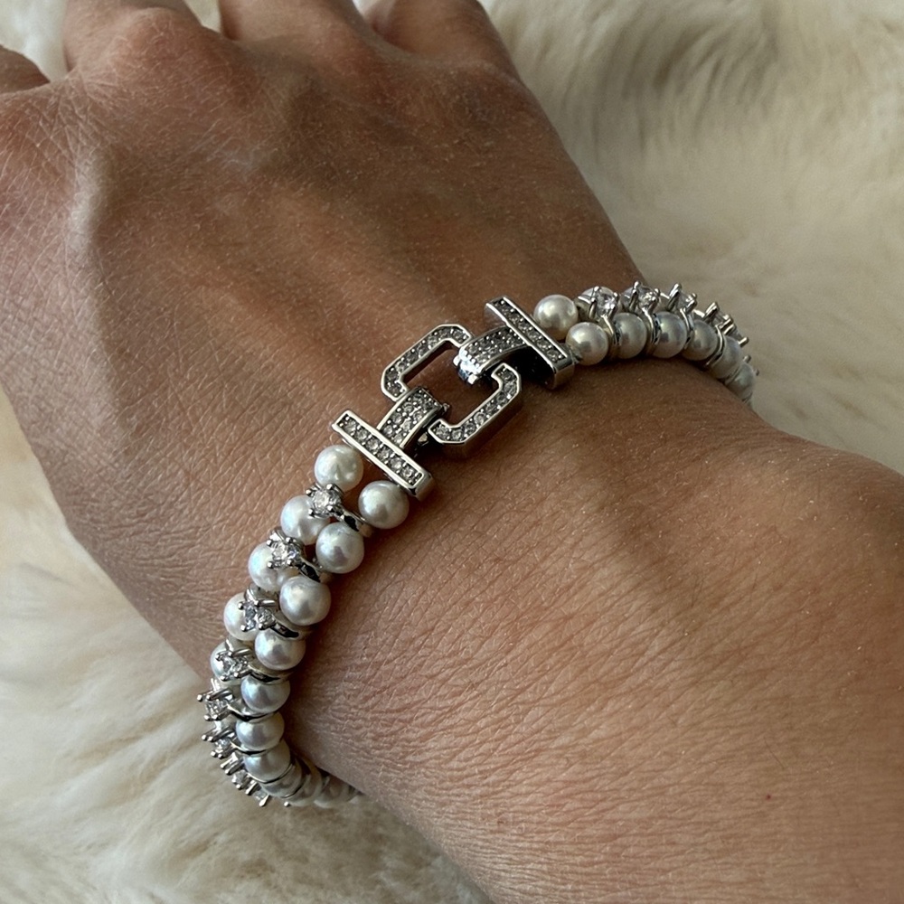 Baby Pearl CZ Bracelet | Silver Tone | Double Clasp | 7” - Picture 6 of 8